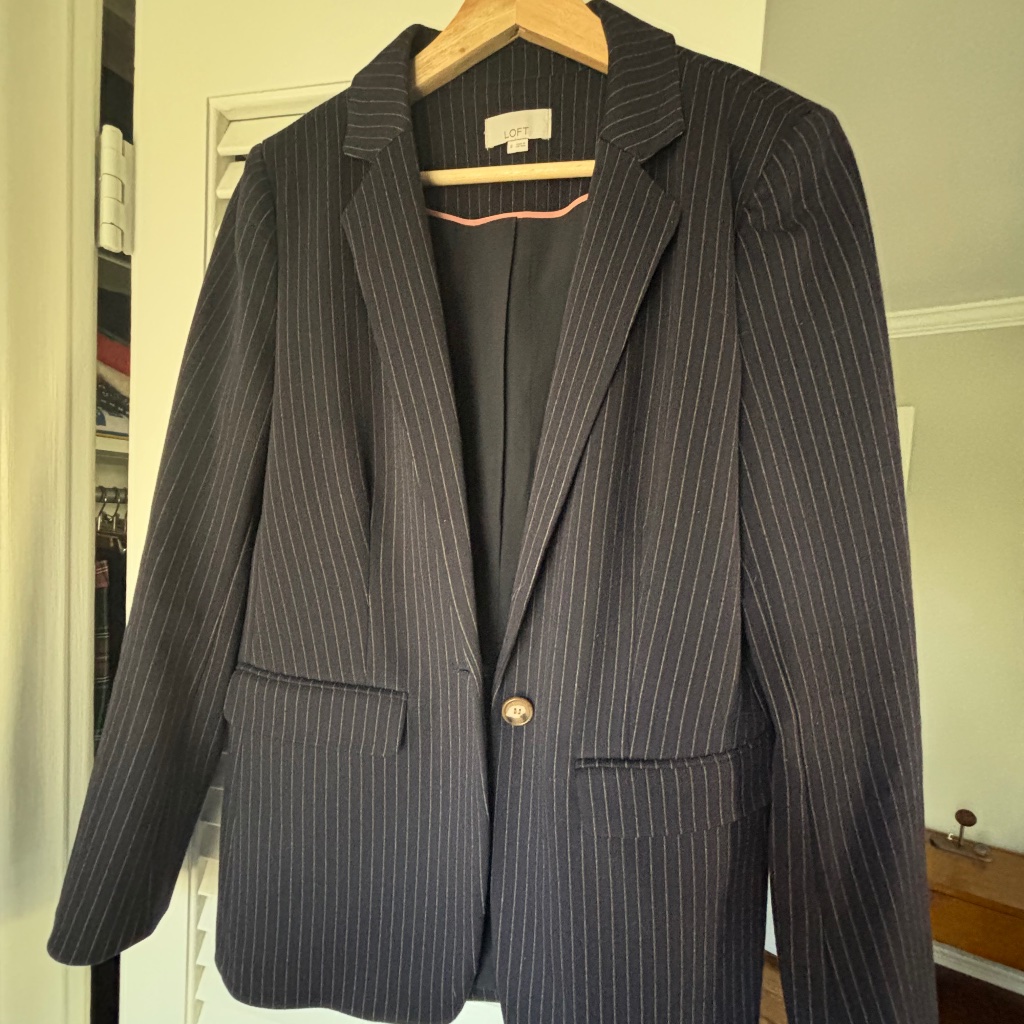 Ann Taylor Loft Long Pinstripe Kinit Modern Blazer Size 8 Regular Forever Navy